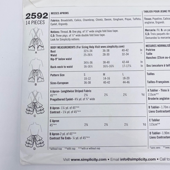 Simplicity 2592 Apron Sewing Pattern Size A S-M-L - Picture 5 of 7